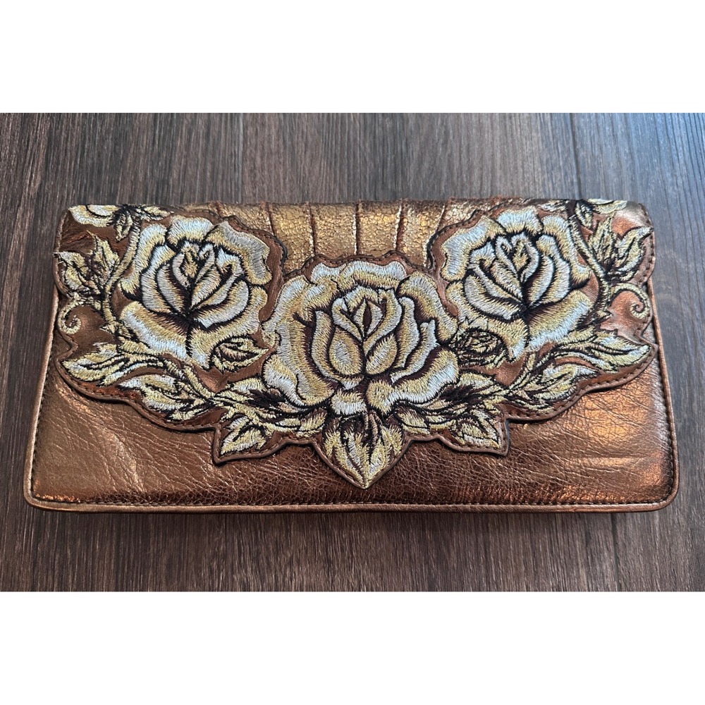Isabella Fiore Bronze Metallic Leather Rose Embroidered Clutch Y2K Boho Floral